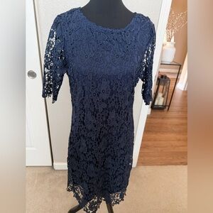 Nina Leonard Navy Floral Lace Midi Dress